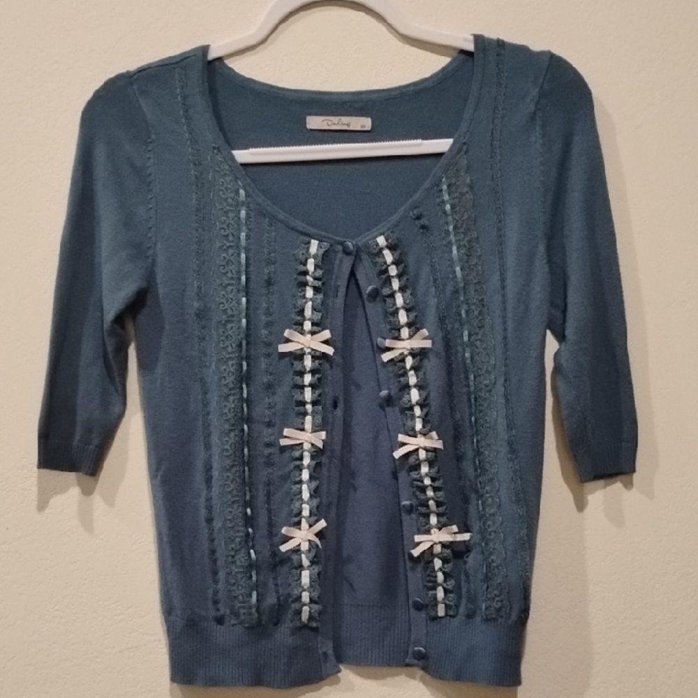 Darling Teal Sweater with Bow Accents